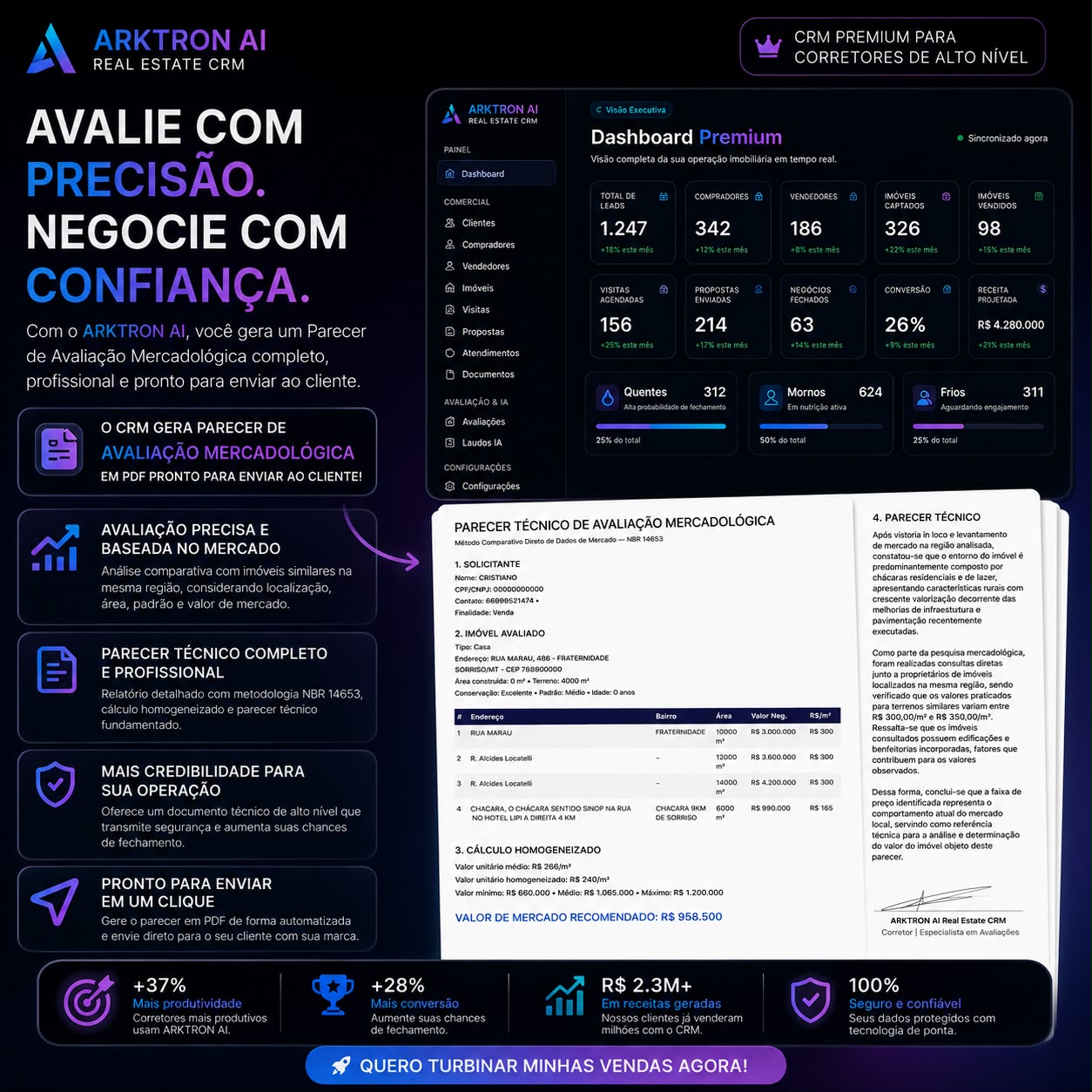 Parecer técnico de avaliação mercadológica gerado em PDF pelo ARKTRON AI
